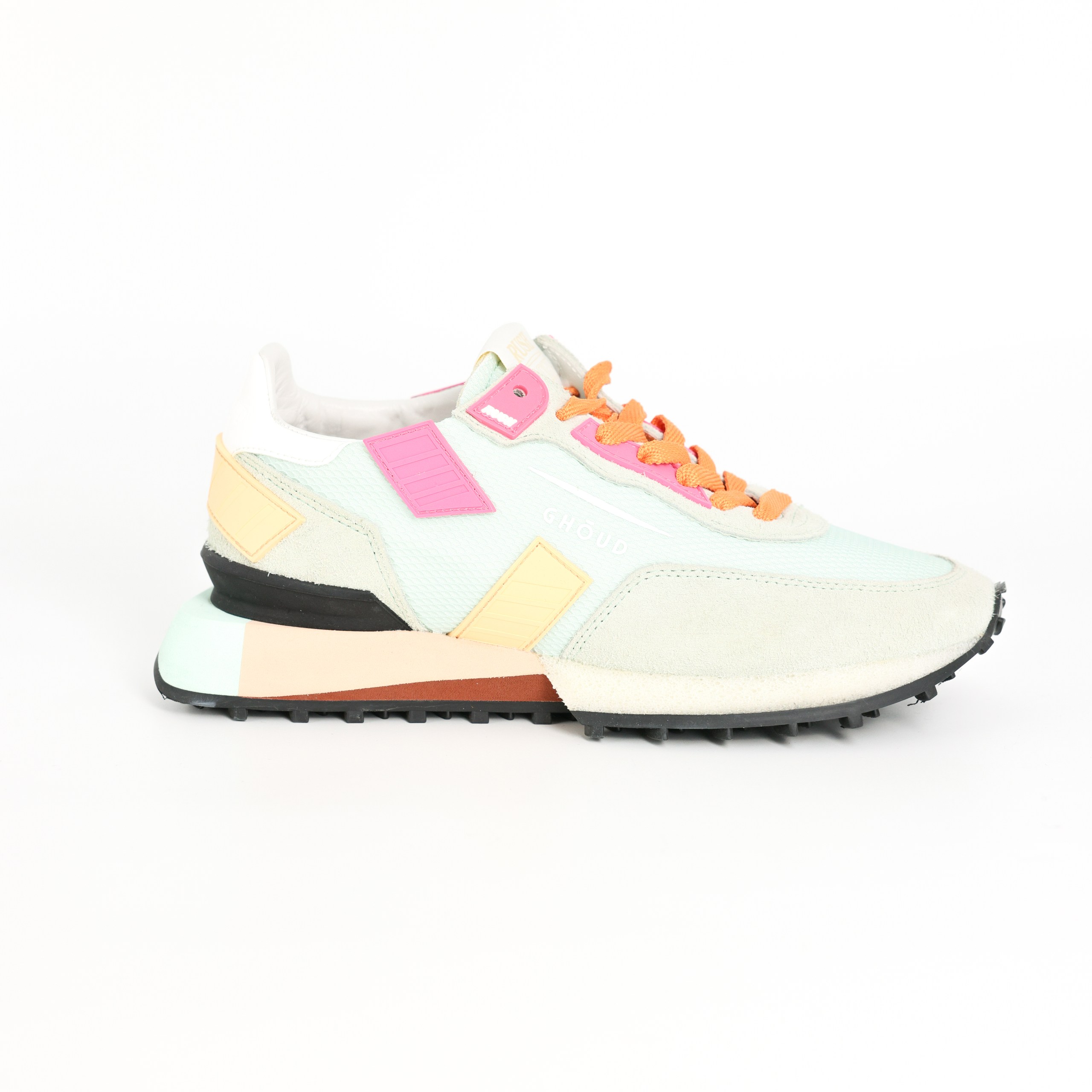 Кроссовки Ghoud 36 салатовая сетка и замша, оранжевые шнурки. Коробка