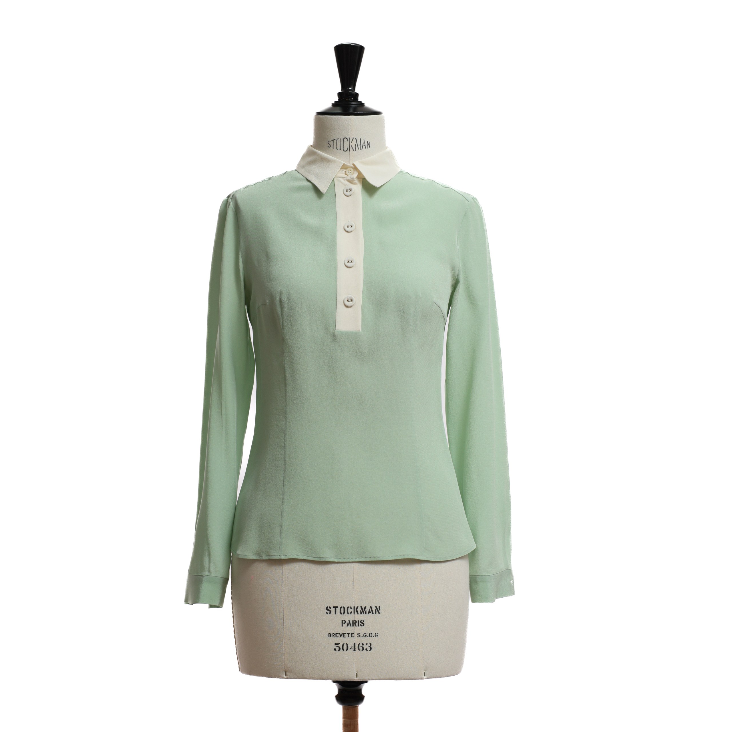 Рубашка PRADA 40 Фисташковый PISTACIO текстиль бежевый манжет и линия пуговиц