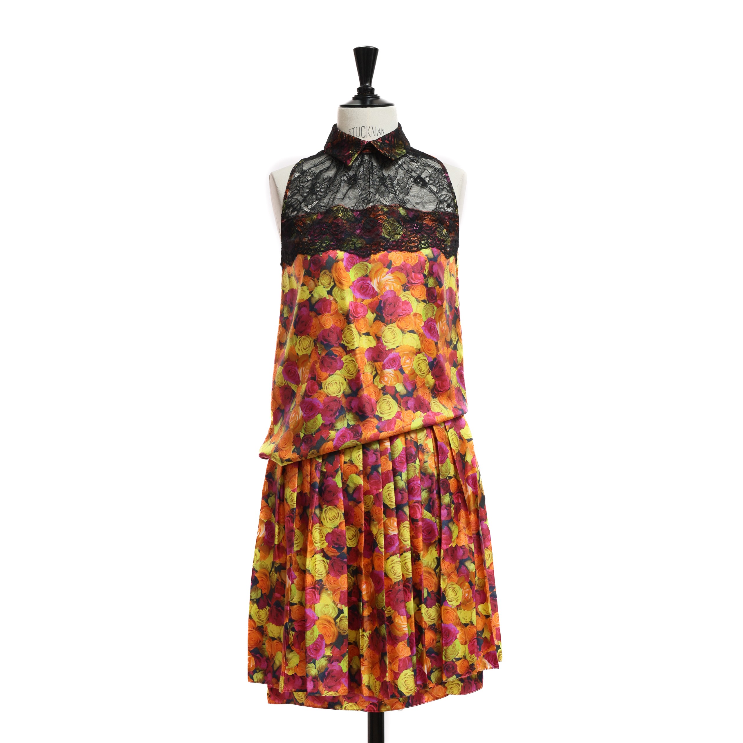 Сет PETER SOM 40 MULTICOLOR шелк многоцветные бутоны роз,юбка плиссе,черная сетка по манжету и груди
