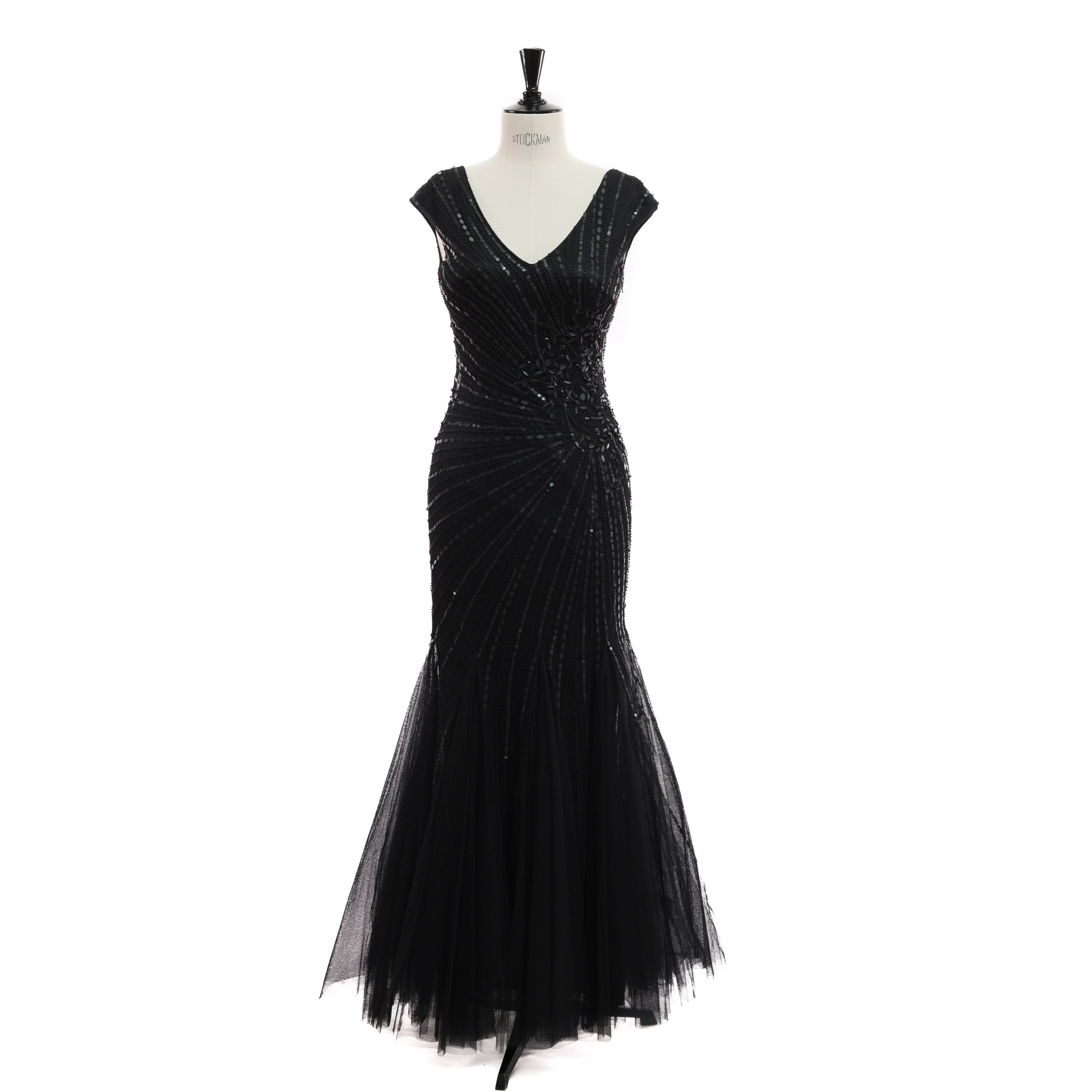 Платье Pronovias S черное макси рыбкой, сетка с вышивкой и бисером