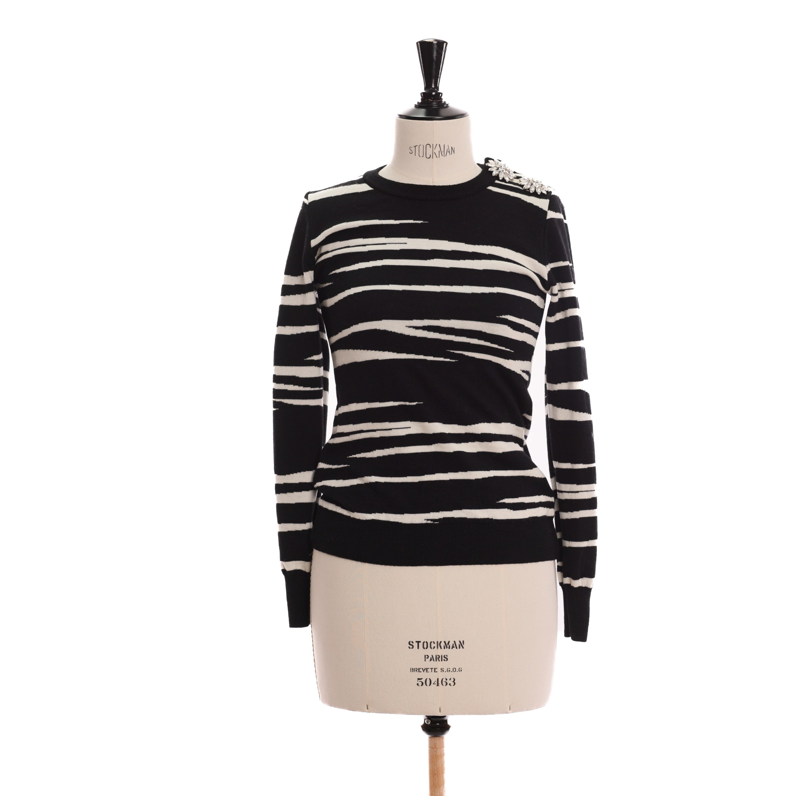 Свитер FLAVIO CASTELLANI S Черный шерсть принт зебра,цветки из камней по левому плечу