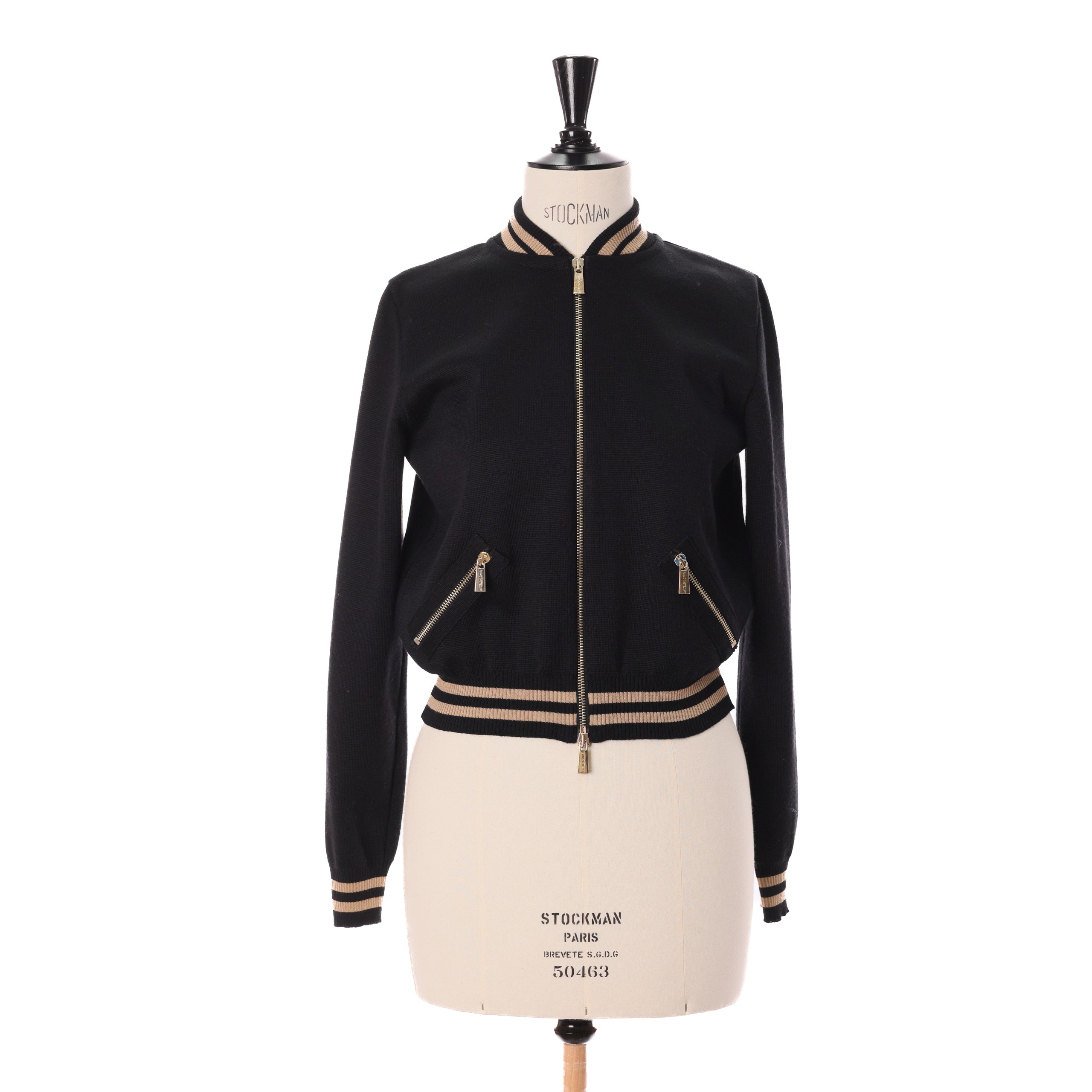 Бомбер FLAVIO CASTELLANI 44 Черный шерсть коричневая полоска по краям,золотые зипперы