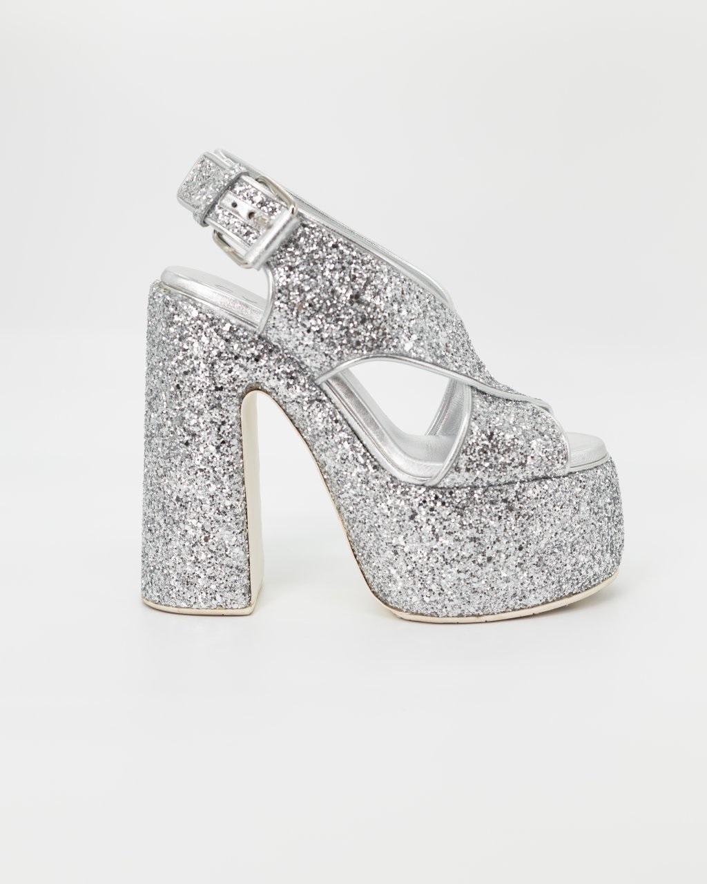 Босоножки Casadei 38 серебристые крупный глитер, платформа+громоздкий каблук. Коробка 