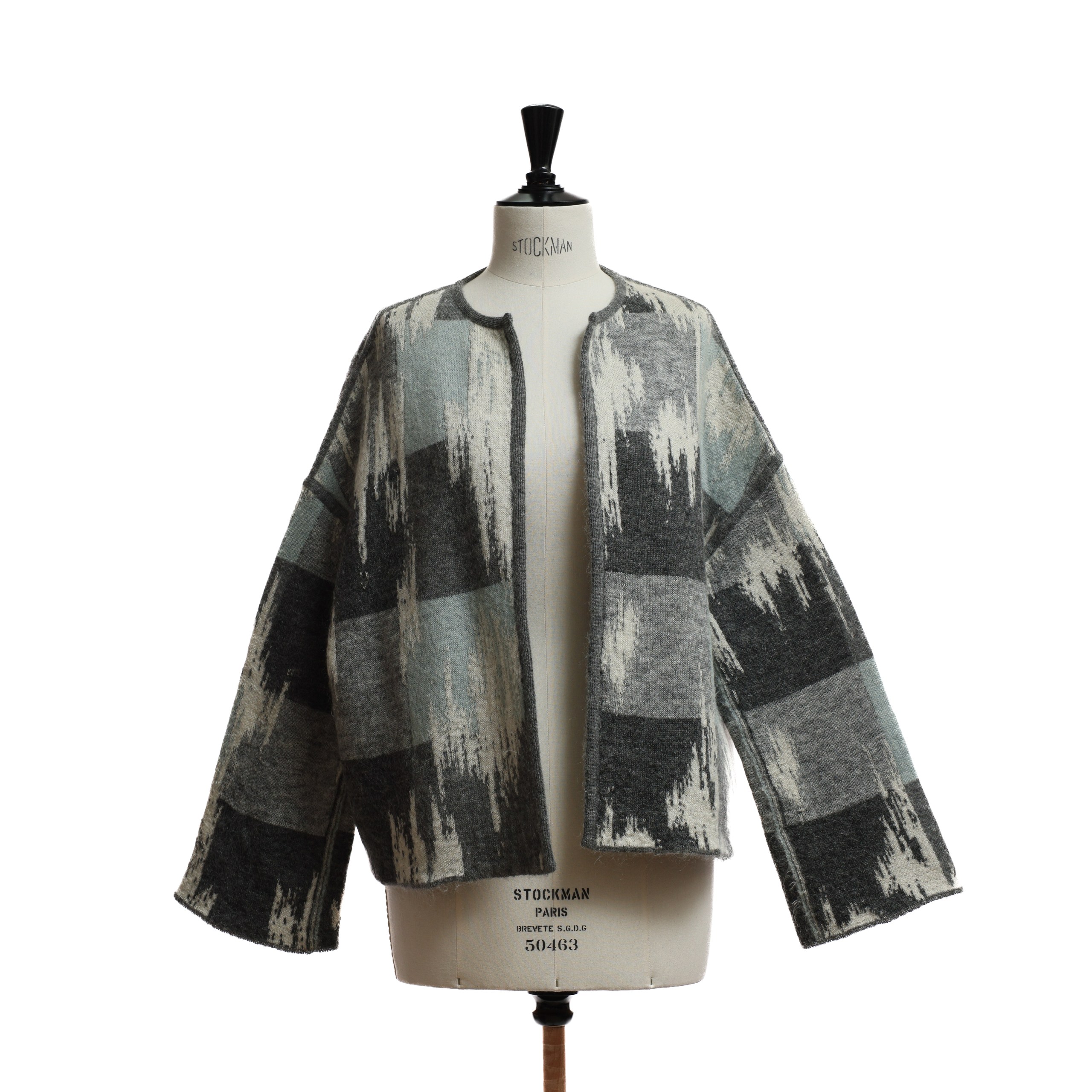 Кардиган Les Copains 40 серый шерсть пыльно голубые/бело-серый принт