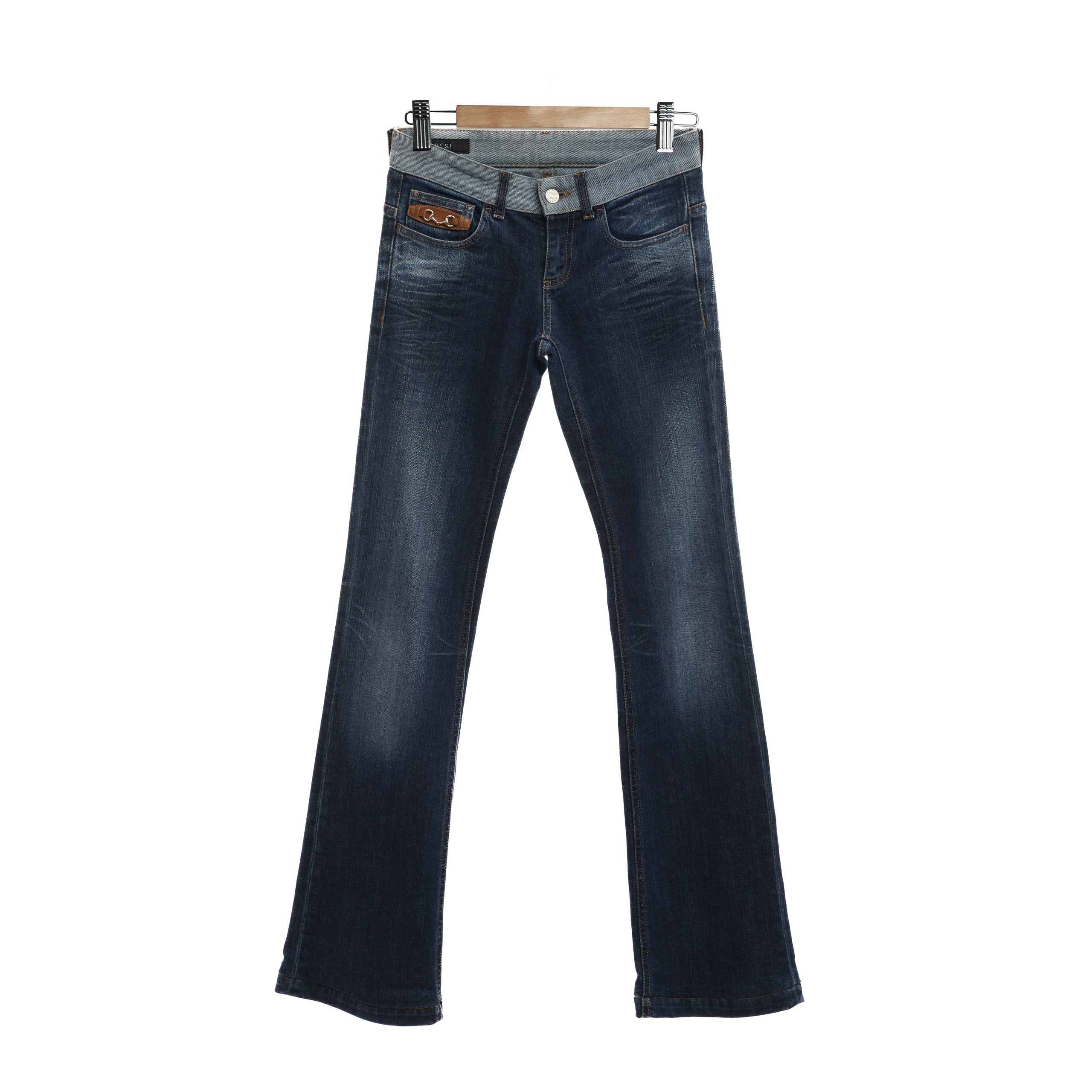 Джинсы Gucci 36 темно-синие, кожанная вставка с декором