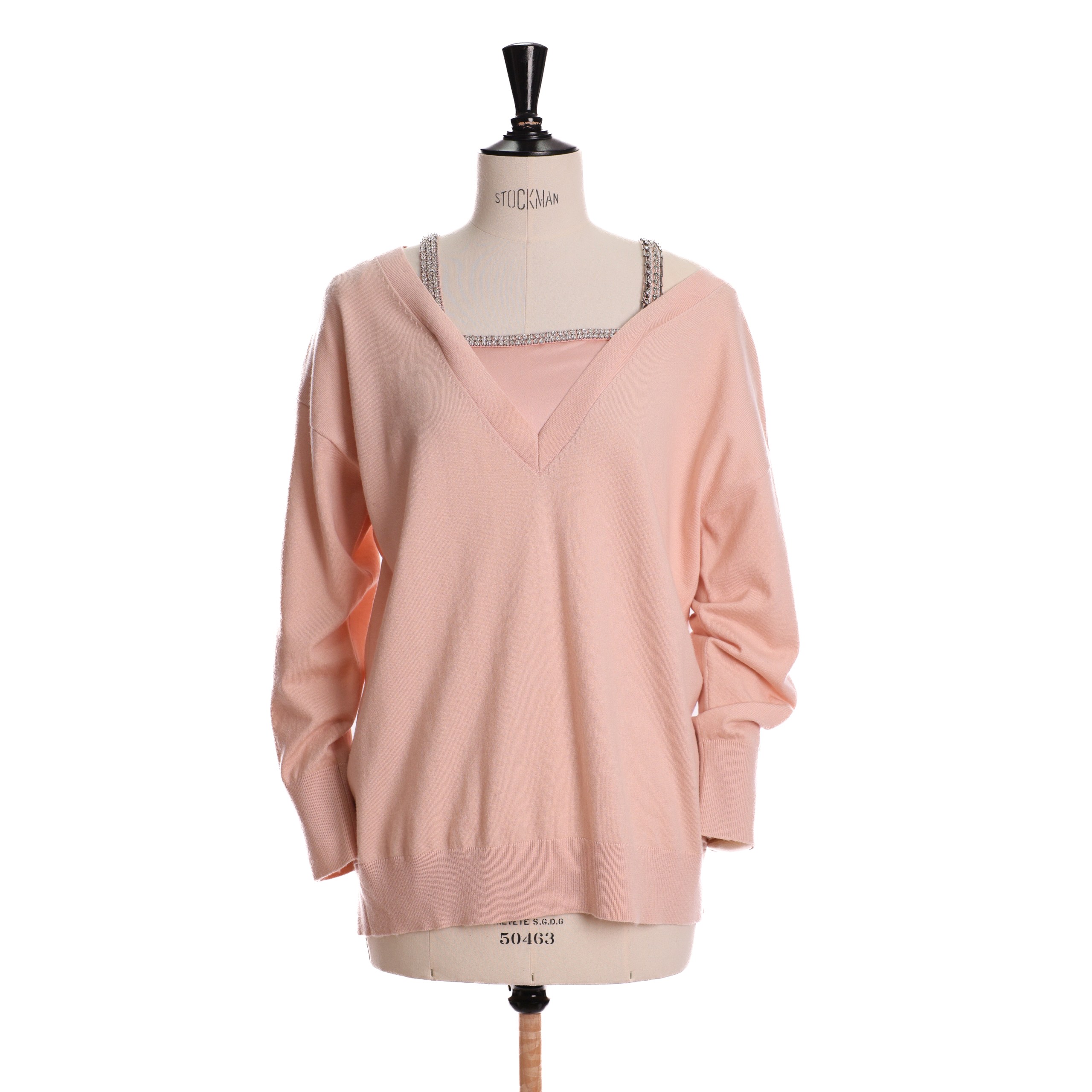 Свитер TWINSET S Розовый текстиль ленты с камнями по декольте,мелкая вязка,широкий