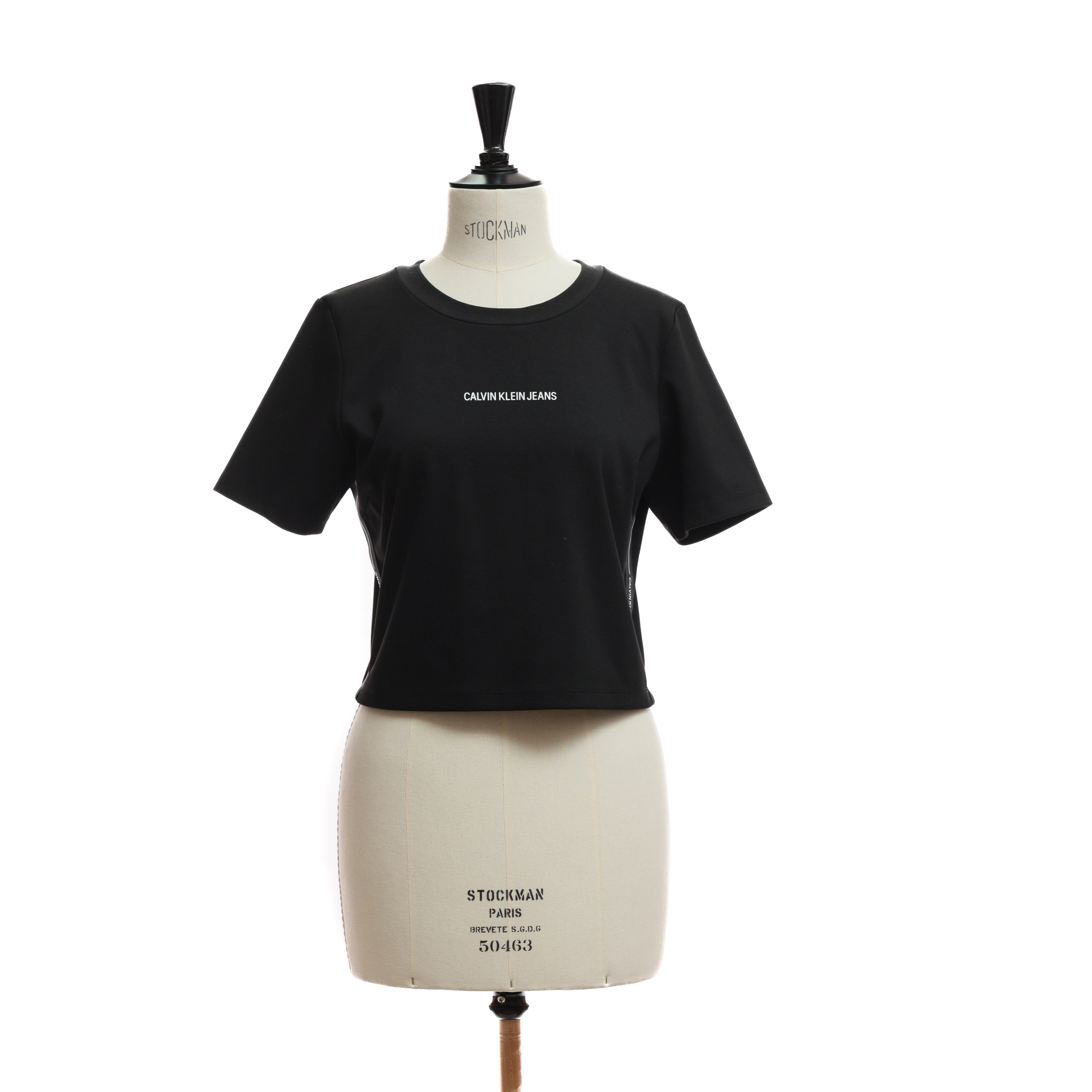 Футболка Calvin Klein L черный котон, укороченная, белое лого на груди и ломпасами по бокам