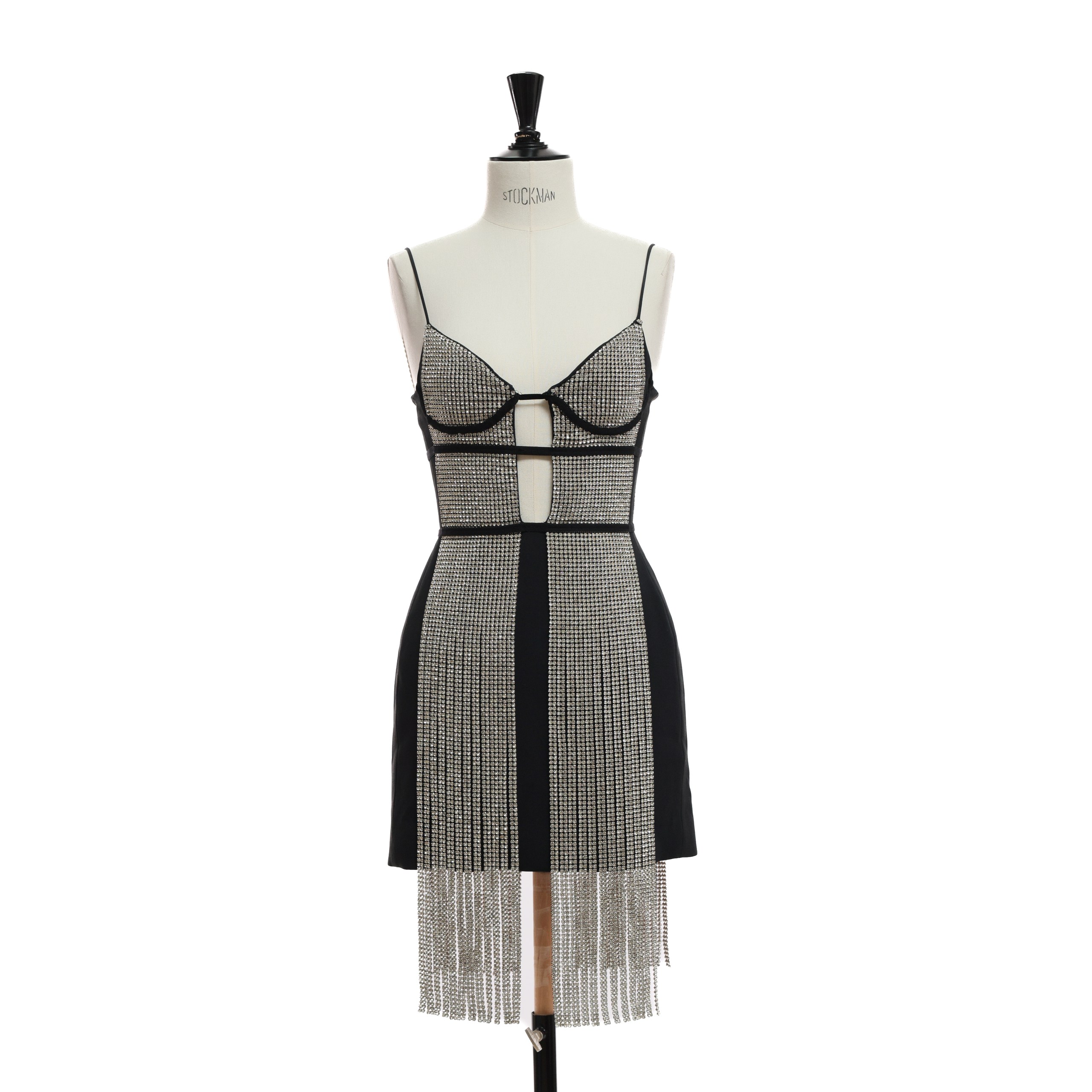 Платье DAVID KOMA 8 Черный текстиль платье в серебрянных камнях с бахромой из них,на лямках,короткое