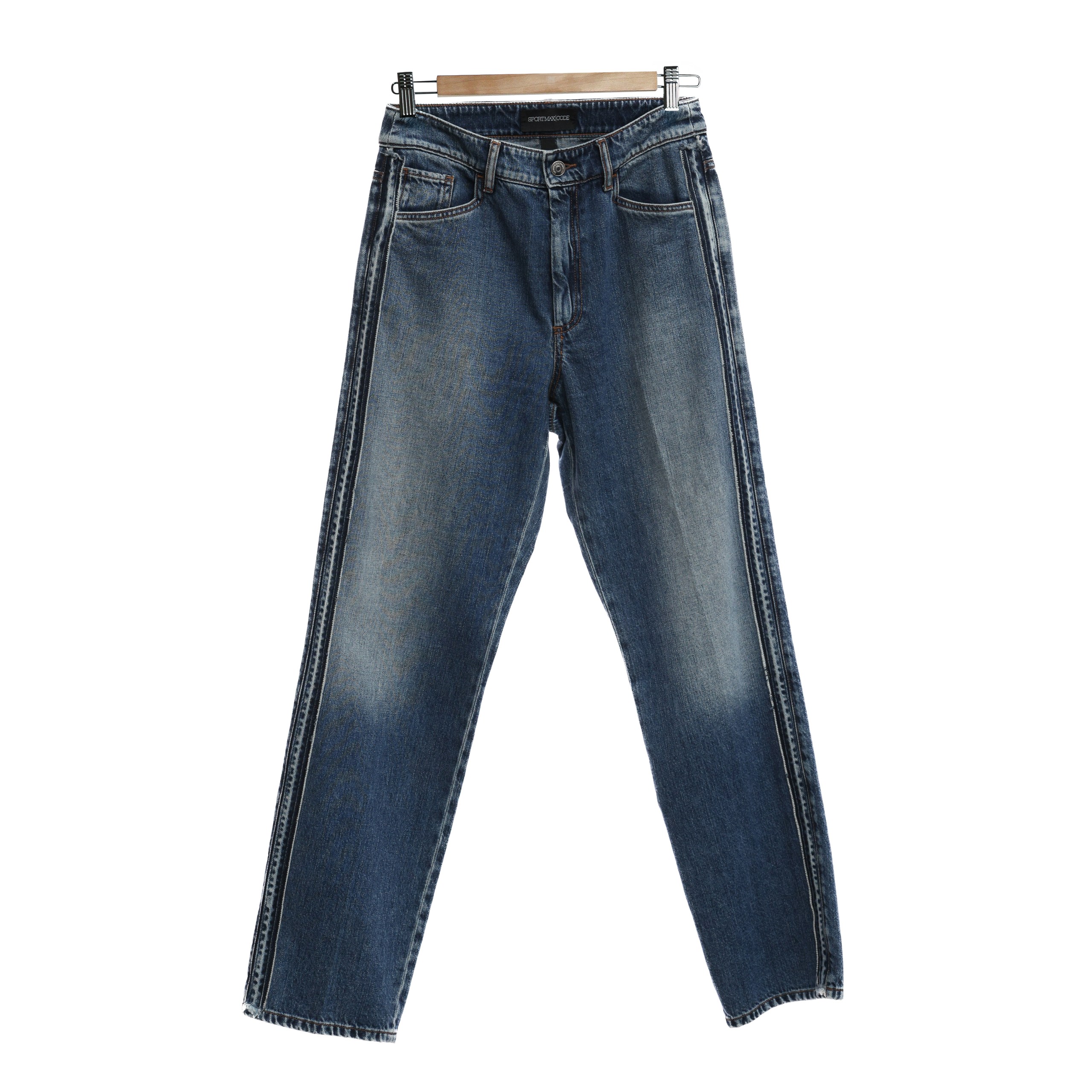 Джинсы SPORTMAX 25 синий котон светлые потертости,прямые,зиппер