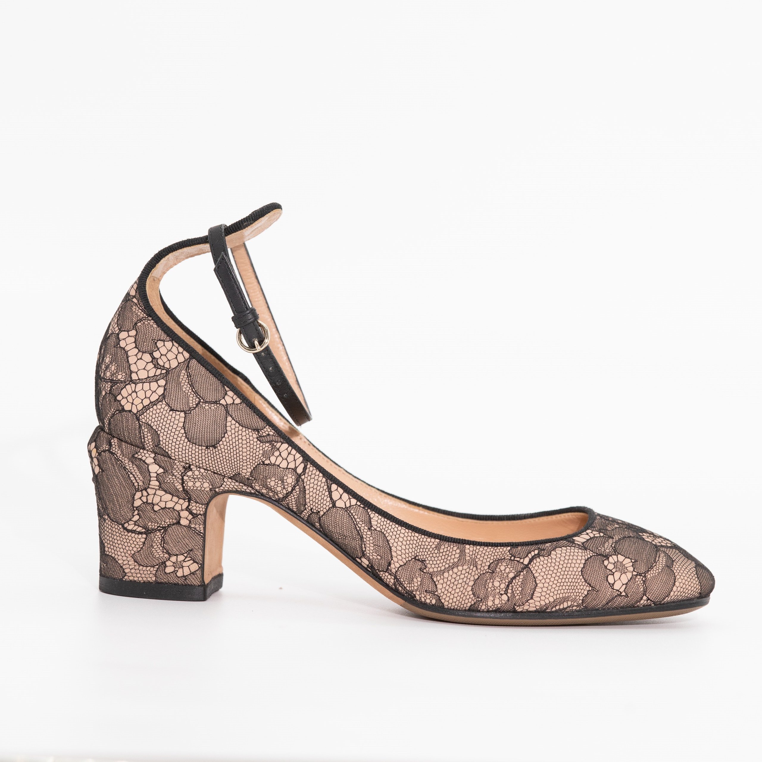 Туфли VALENTINO 36 бежевый текстиль кружевная черная сетка,ремешек по щиколодке,пыльник,6см