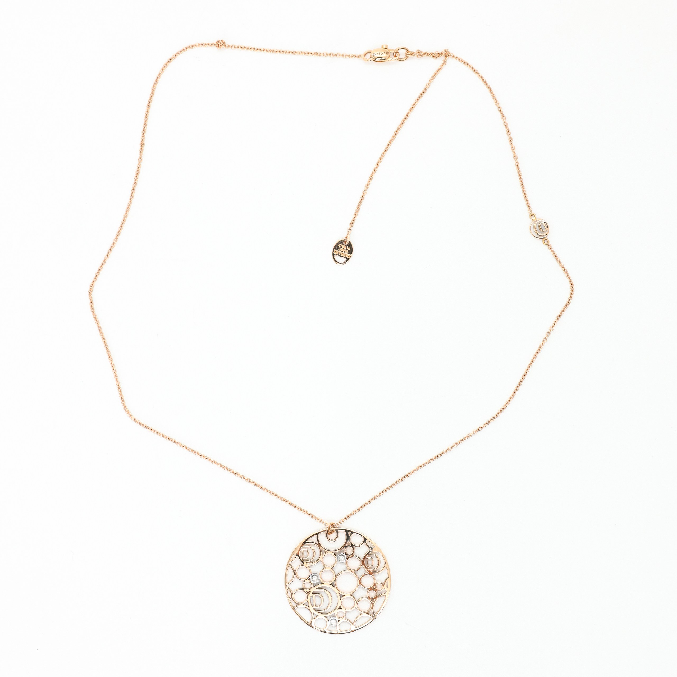 Подвеска Damiani золотая цепочка, ажурный круг кулон, 3 бриллианта. Комплект