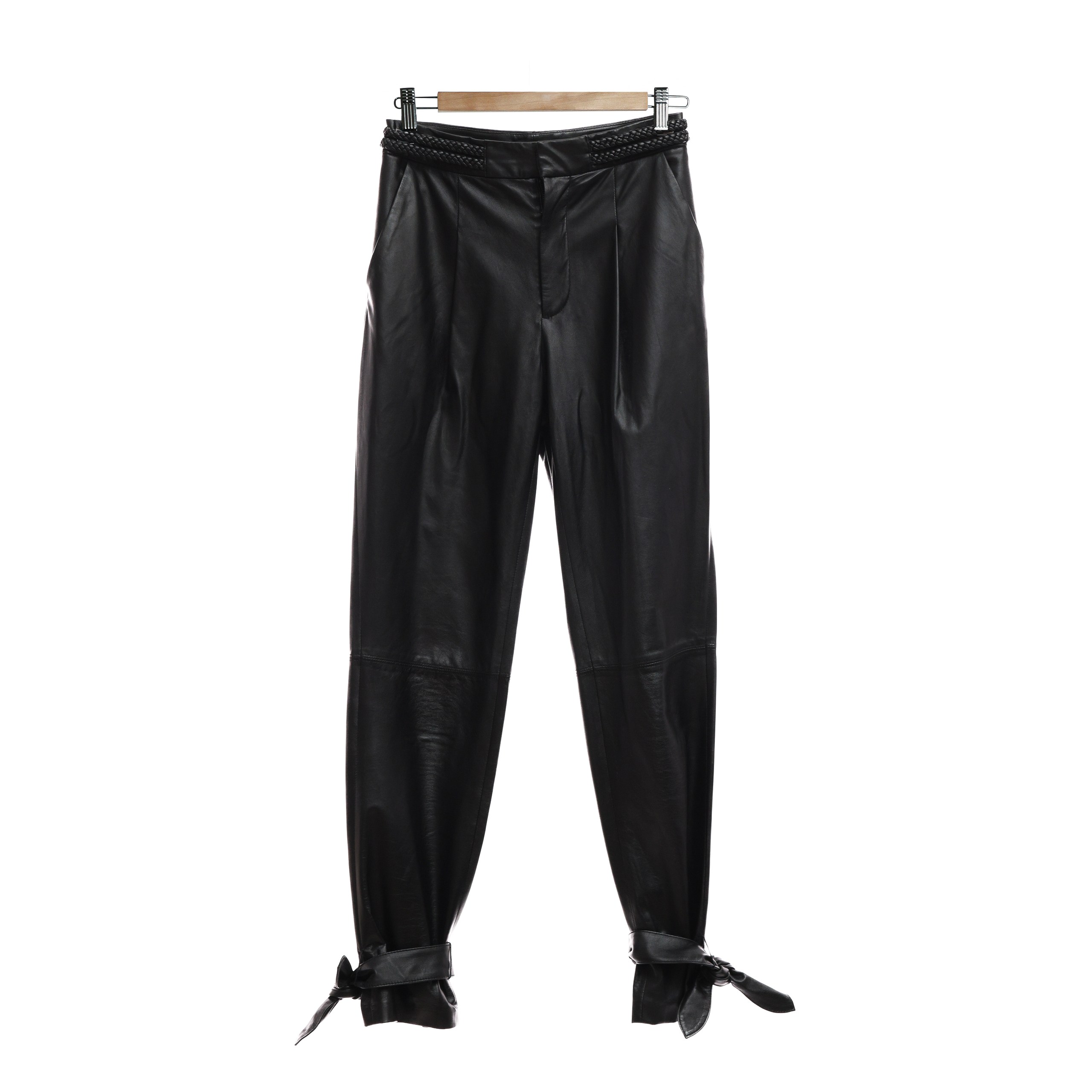 Брюки ALICE + OLIVIA S Черный кожа рельефный пояс,банты по низу штанин