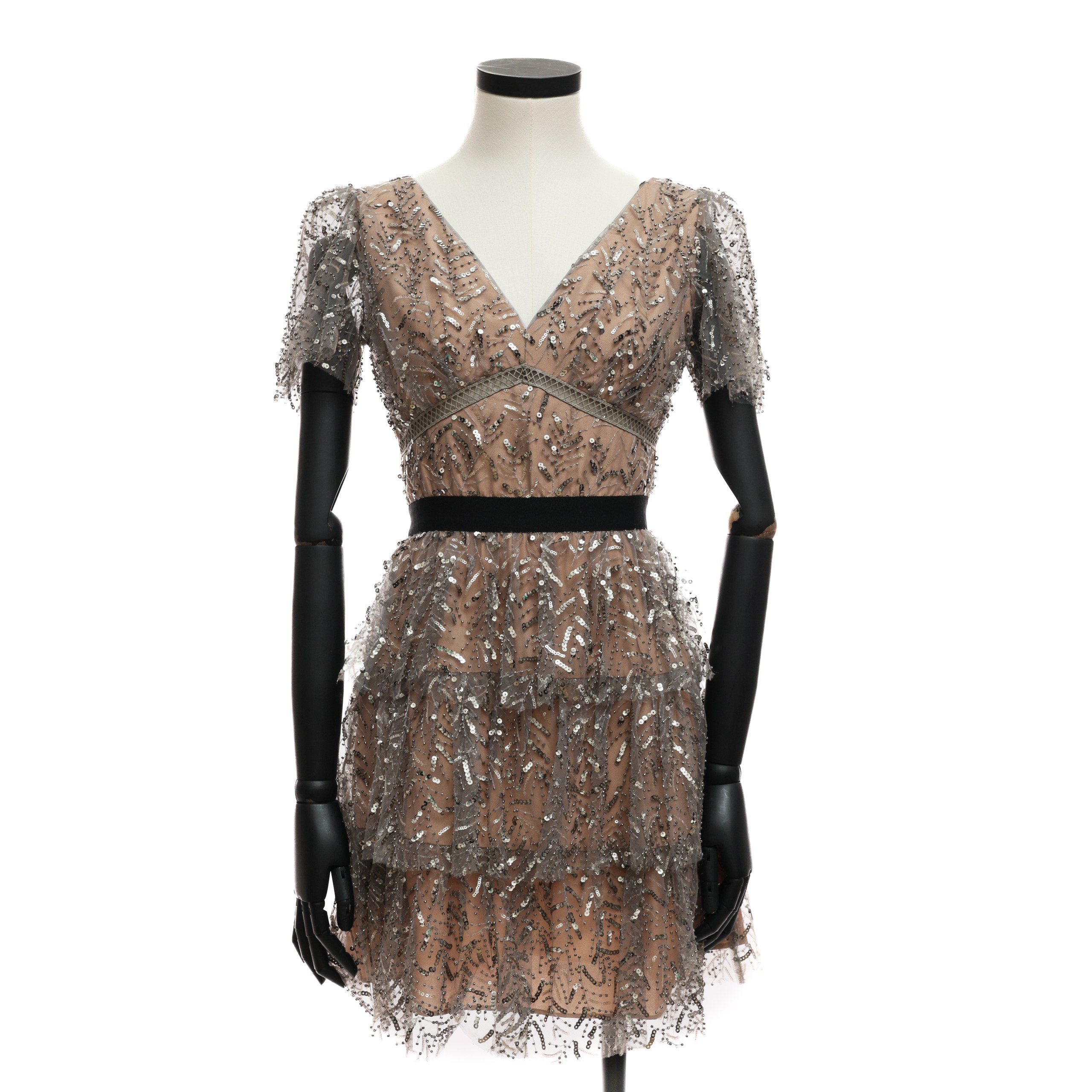 Платье NO NAME S Серо-бежевый BEIGE TAUPE сетка в серебристых пайетках и биссере,бежевая подкладка,черный пояс