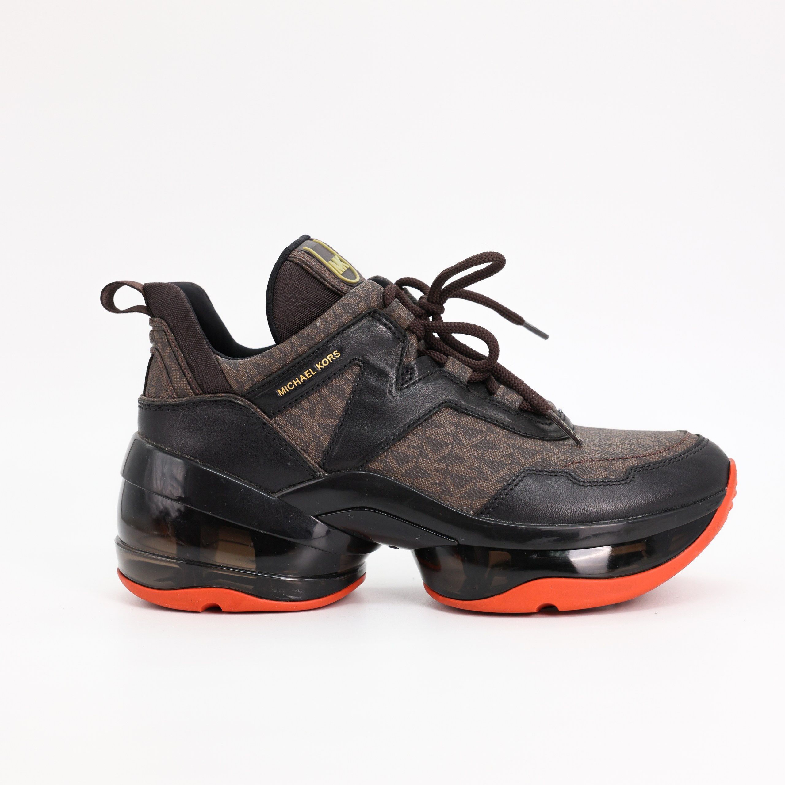 Кроссовки MK 39 коричневый монограм кожа, черная кожа, оранжевая подошва. Коробка