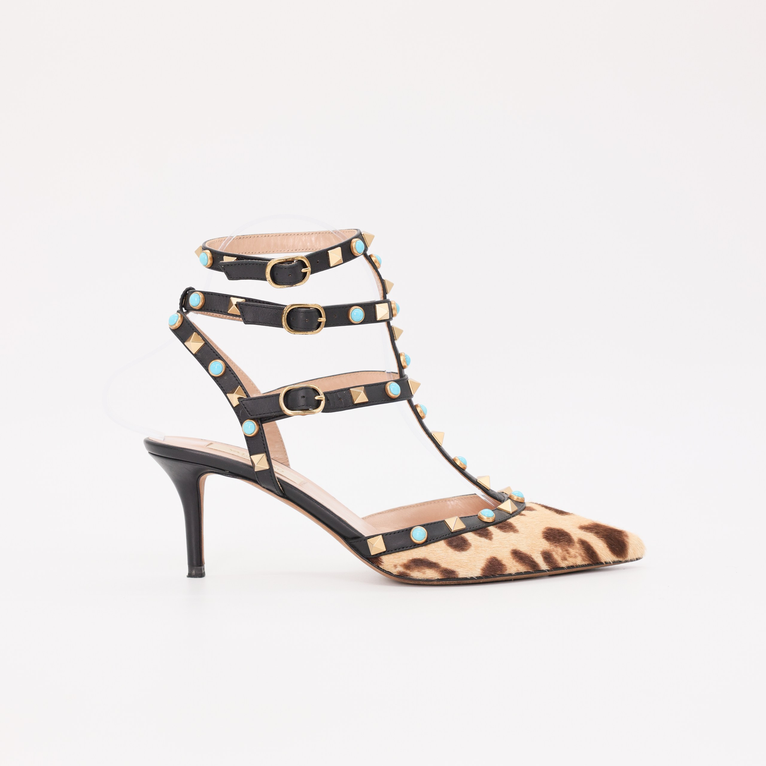 Босоножки VALENTINO 37 Леопард кожа ворс на принте по носику,черные ремешки со стадами и голубыми камнями,пыльник